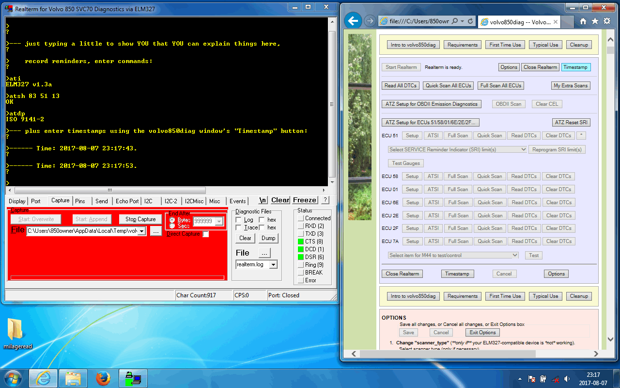 volvo850diag_v0_8_snapshot_20_after_repositioned_Realterm_and_its_vert_scrollbar_typed_in_yellow-on-black_area_clicked_Timestamp_button.png
